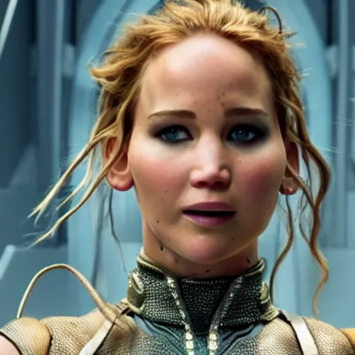 Image similar to still of Jennifer Lawrence as Leelu Dallas in a remake of The Fifth Element (2029)