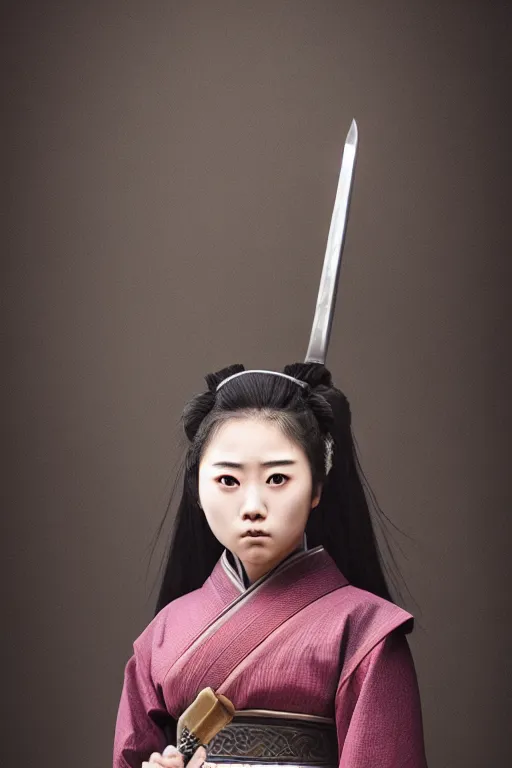 Image similar to highly detailed beautiful photo of a young female samurai, practising sword stances, symmetrical face, beautiful eyes, realistic anime art style, 8 k, award winning photo, pastels, action photography, 1 / 1 2 5 shutter speed, dramatic lighting