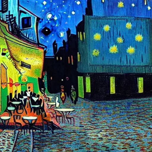 Prompt: Photo of Cyberpunk Cafe Terrace at night by Vincent Van Gogh in real life