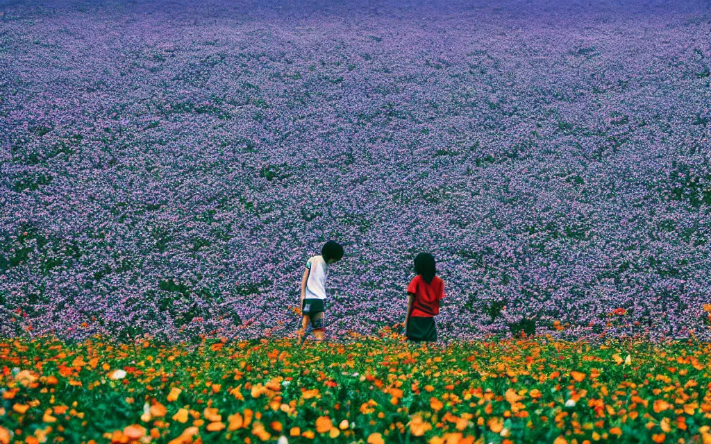 Prompt: a manchester united fan day dreaming on a field of flower, beautiful bright blue sky. 35mm film. makoto shinkai.