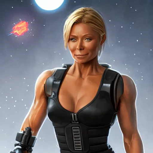 Prompt: A portrait of kelly ripa as the terminator, extra detailed, digital illustration, by Makoto Shinkai and thomas kinkade, digital painting, Matte painting, trending on artstation and unreal engine