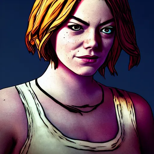 Image similar to emma stone portrait, borderlands, tales from the borderlands, the wolf among us, comic, cinematic lighting, studio quality, 8 k