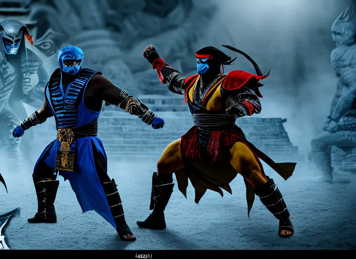 Prompt: trump dressed as scorpion fights biden dressed as sub zero in mortal kombat on the background of an ancient temple with a giant shao kahn laughing. fantasy magic style. highly detailed 8 k. intricate. lifelike. soft light. sony a 7 r iv 5 5 mm. cinematic post - processing