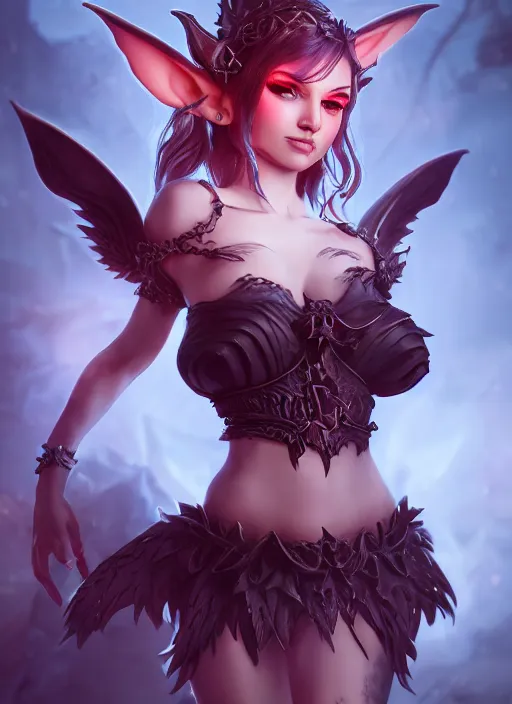 Image similar to imp demon goddess, cute elf ears, strapless dress, character portrait in the style of thomas river and artgerm, cinematic lighting, hyperdetailed, 8 k realistic, symmetrical, global illumination, radiant light,, frostbite 3 engine, cryengine, dof, trending on artstation, digital art, chanel