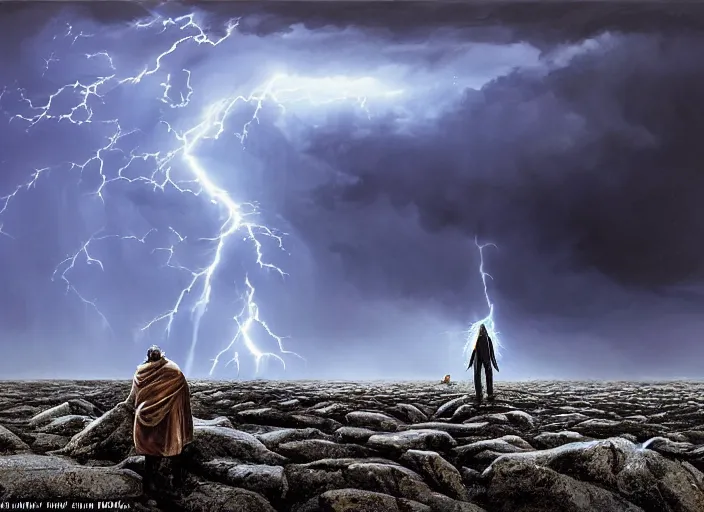 Image similar to a man with a long wavy black hair wearing a long blue coat and stands in the foreground with his back to the viewer. he is on bare rocky ground looking up at an immense approaching lightning storm. roiling dramatic threatening dangerous looming clouds. dramatic fantasy art by michael whelan and greg rutkowski