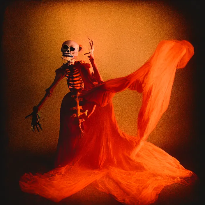 Image similar to kodak portra 4 0 0, wetplate, motion blur, portrait photo of a backdrop, skelleton dance, golden 1 9 2 0 s, coloured in orange fire, sparkling, by georges melies and by britt marling, muted colours