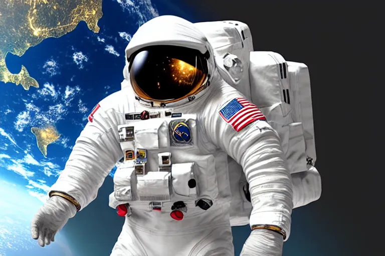 Image similar to astronaut in space wearing a spacesuit floating, earth in background, highly detailed, photorealistic portrait, bright studio setting, studio lighting, crisp quality and light reflections, unreal engine 5 quality render