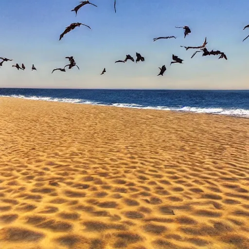 Prompt: empty shore with the sun in the sand. Blue vultures circling the sun. hyper realistic. high definition 8K. beautiful. colorful