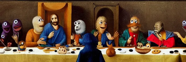 Prompt: the last supper on sesame street. art by hieronymus bosch