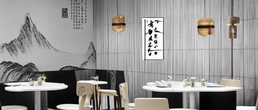 Prompt: a beautiful simple interior 4 k hd wallpaper illustration of small roasted string hotpot restaurant restaurant yan'an, wall corner, from china, wallpaper with tower mountains, rectangle white porcelain table, black chair, fine simple delicate structure, chinese style, simple style structure decoration design, victo ngai, 4 k hd