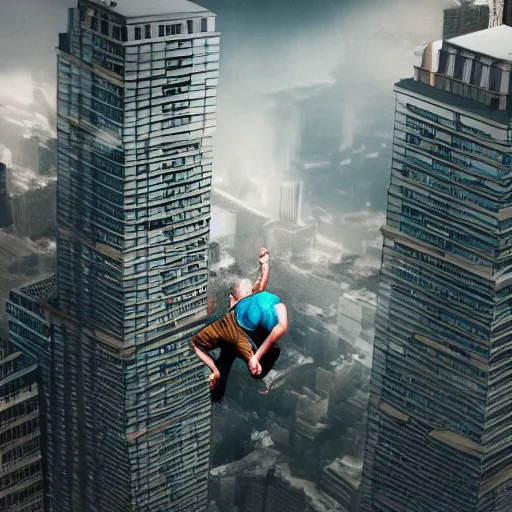 Prompt: man with superpowers lifting a building, sideways building, 4 k detailed picture