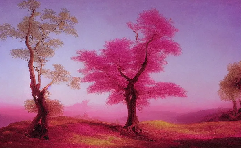 Image similar to a tree made of spiritual pink light painted by thomas cole