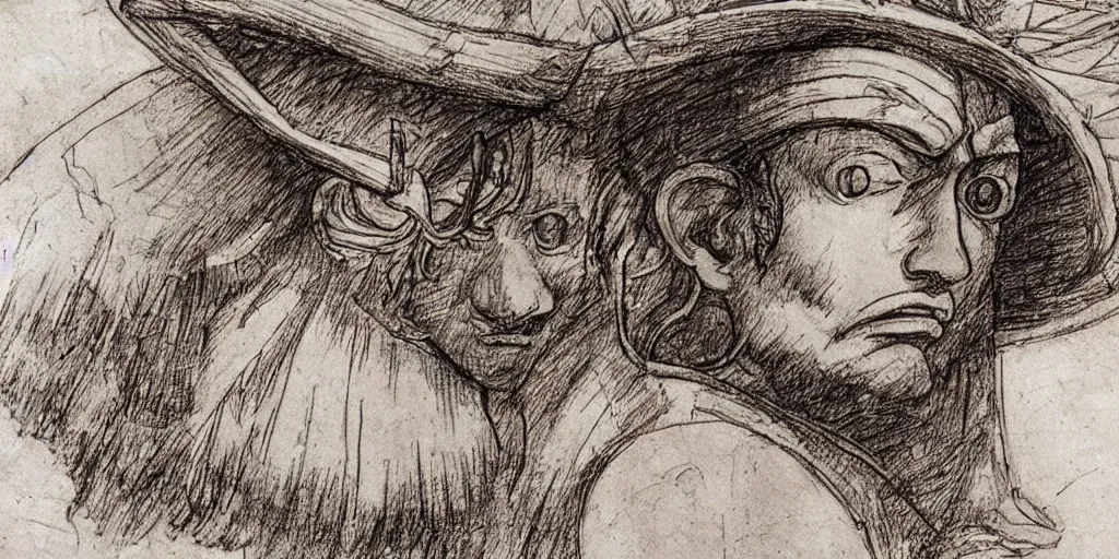 Prompt: leonardo da vinci's technical sketch of luffy, highly detailed