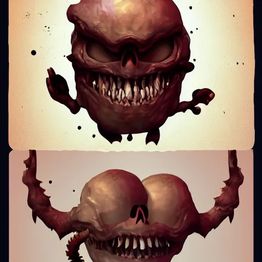 Prompt: small monster holding skull, happy face, cute image, artstation