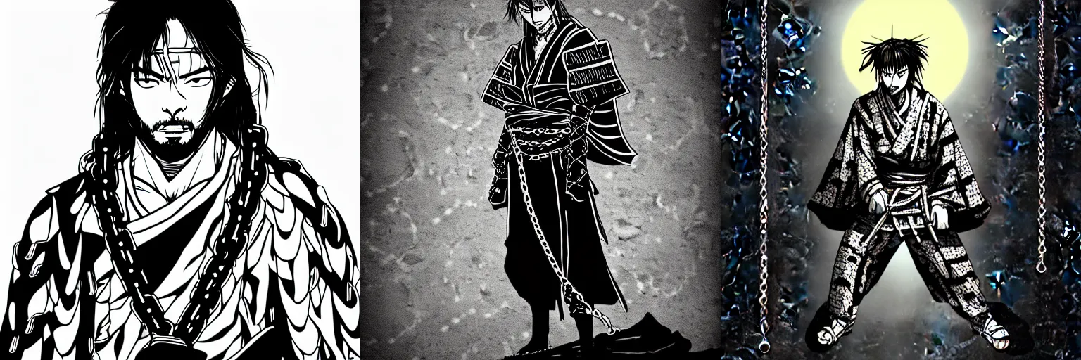 Prompt: '2D graphic design samurai vagabond manga man wrapped in chains , full moon background artstation wallpaper style '