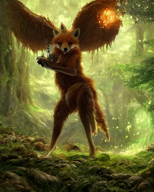 Image similar to Fox, Anthropomorphized, playing harp in magical green forest, D&D, fantasy, cinematic lighting, centered, symmetrical, highly detailed, digital painting, artstation, concept art, smooth, sharp focus, illustration, magic the gathering artwork, volumetric lighting, epic Composition, 8k, art by Akihiko Yoshida and Greg Rutkowski and Craig Mullins, heroic pose, oil painting, cgsociety