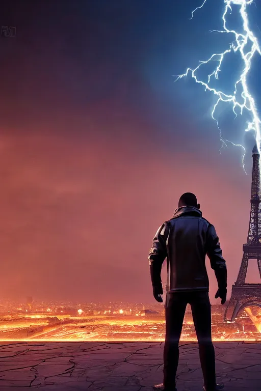 Image similar to in the foreground Paris, in the background a dark-haired man from behind playing with lightning coming out of his hands wearing a long matrix-style jacket, realistic, high definition, many details, dramatic scene, symmetrical face, realistic eyes, cyberpunk art 2077