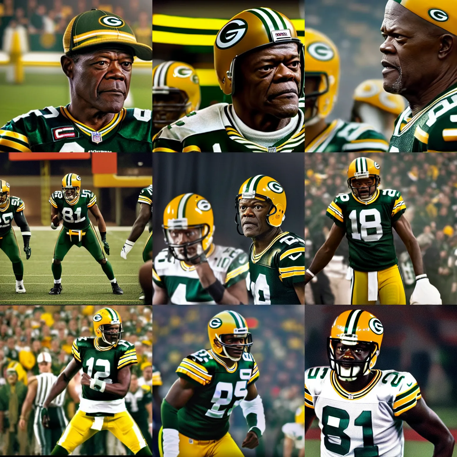 Prompt: samuel jackson as the quarterback for the green bay packers, 8 k hdr movie still, dynamic lighting, cinematic,