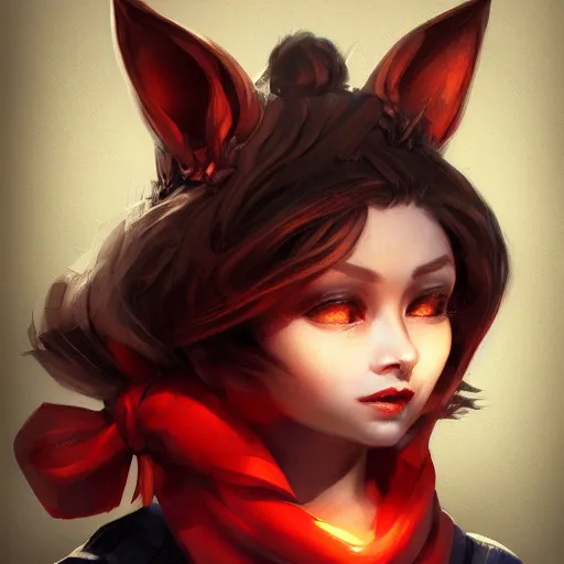 Image similar to Yordle Female portrait, Red Scarf, hatched ear, golden earring, Earnest, diminutive by Horace Hsu, Tony Sart highly detailed, digital illustration, concept art, dramatic lighting