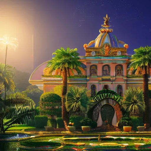 Prompt: a ultradetailed beautiful photo of the amazonas palace, trending on artstation, mediterranean, palm trees, light sparkles, sharp focus, soft light, 8 k 4 k