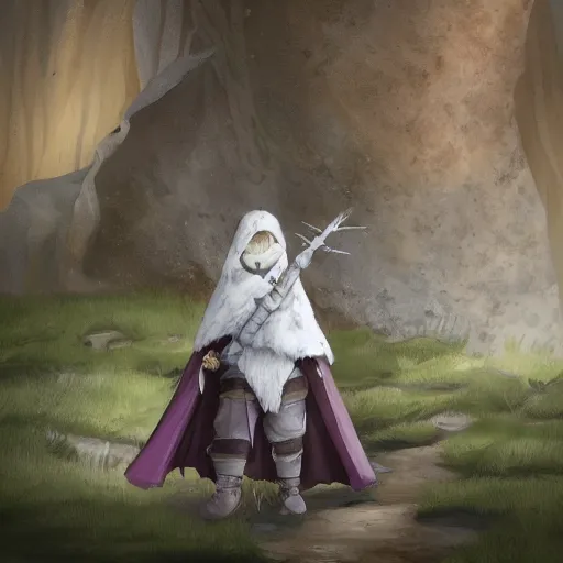 Image similar to a huggable white plush frog paladin cleric wearing a wolf pelt as a hooded cape and sketchbook and pencil while exploring a cave, photorealistic, nature, photography, national geographic, sesame street