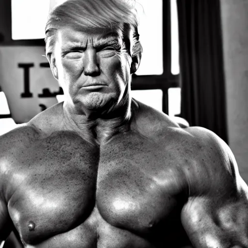 Image similar to very muscular donald trump, 8k, black and white photo, professional photography