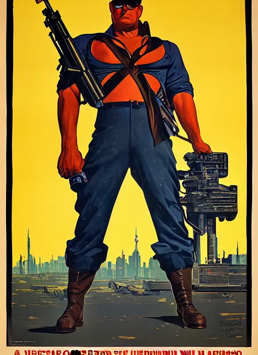 Prompt: american propaganda poster. cyberpunk heavy weapons guy. portrait by jean giraud and anton otto fischer and john philip falter and will eisner and gil elvgren