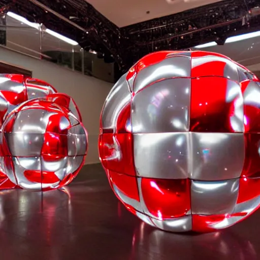 Prompt: chrome spheres on a red cube by nam june paik