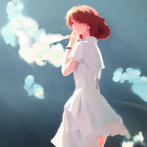 Prompt: woman in a dress smoking a cigarette by krenz cushart, wlop, dark room, white smoke, chromatic aberration, white smoke, trending on ArtStation Pixiv, anime girl