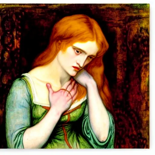 Prompt: The Sorrowful Qween Gwyneth by Dante Gabriel Rossetti, oil on canvas, realist quality