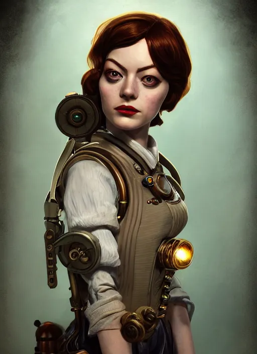 Image similar to Bioshock steampunk portrait of Emma Stone, au naturel, hyper detailed, digital art, trending in artstation, cinematic lighting, studio quality, smooth render, unreal engine 5 rendered, octane rendered, art style by klimt and nixeu and ian sprigger and wlop and krenz cushart