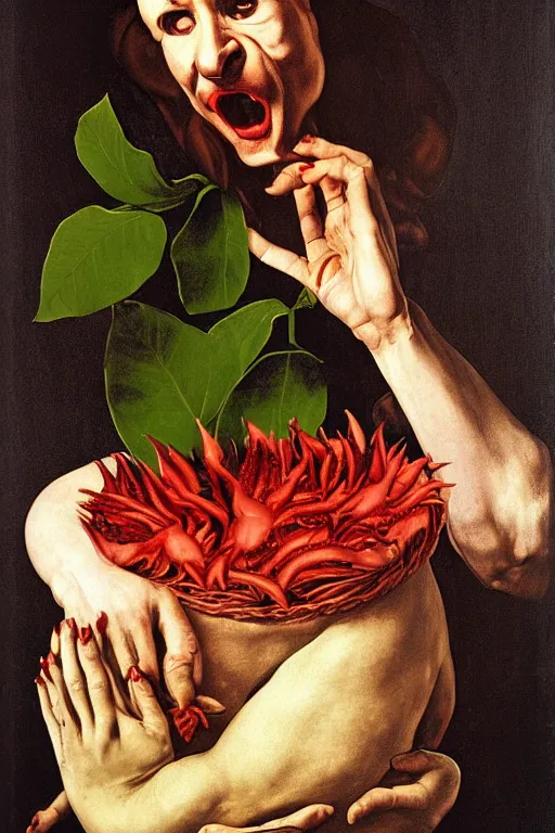 Prompt: little shop of horror's audrey ii bites off a man's hand, by caravaggio