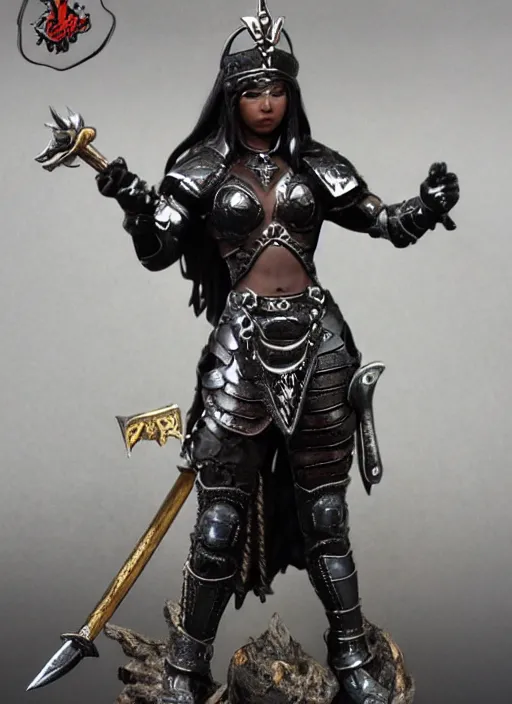 Image similar to 80mm resin detailed miniature of Queen of barbarian, black female, clothed in armor, circlet, very muscular, black hair, beautiful bone structure, symmetrical facial features, Product Introduction Photos, 4K, Full body