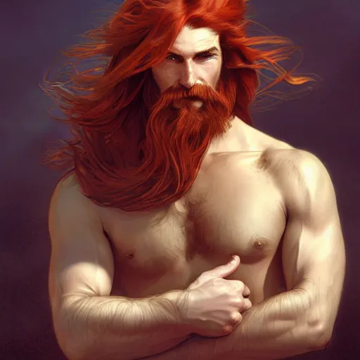 Image similar to portrait of a young ruggedly handsome but joyful pirate, male, masculine, upper body, red crimson hair, long flowing hair, fantasy, cheeky smirk, intricate, elegant, highly detailed, digital painting, artstation, concept art, matte, sharp focus, illustration, art by artgerm and greg rutkowski and alphonse mucha