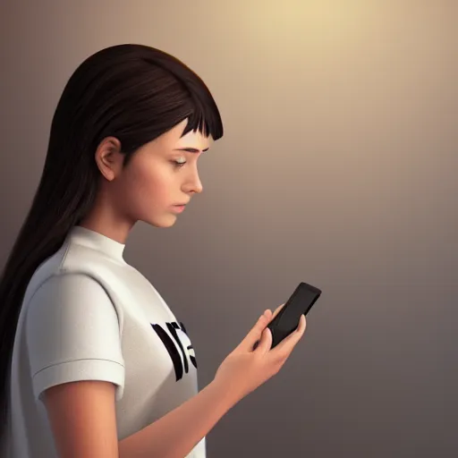 Image similar to Girl with dark brown hair, on her phone, in a bright room, contemplating if she should join a group chat, trending on artstation, artstationHQ, artstationHD, artstation photorealism, 4k, 8k