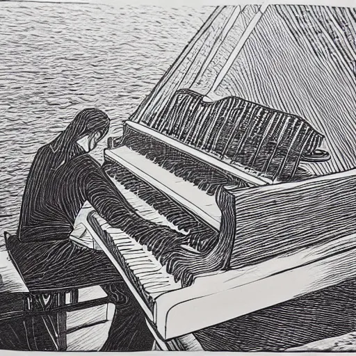 Prompt: a virtuoso playing piano passionately on a row boat, continuous line drawing, very intricate and detailed