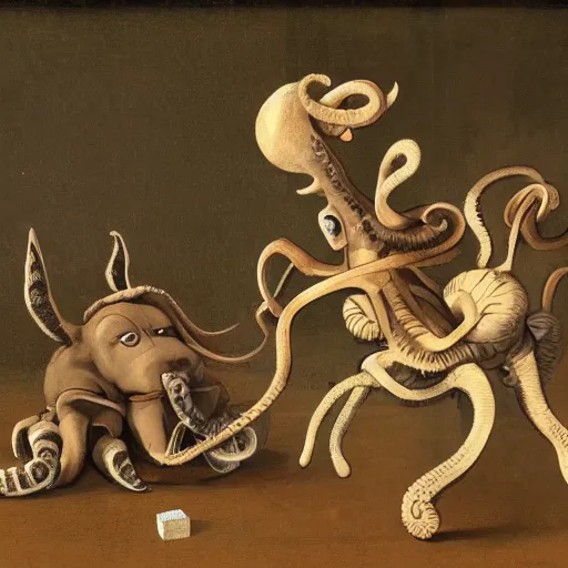 Image similar to a donkey and an octopus are playing a game. the donkey is holding a rope on one end, the octopus is holding onto the other. the donkey holds the rope in its mouth. a cat is jumping over the rope.