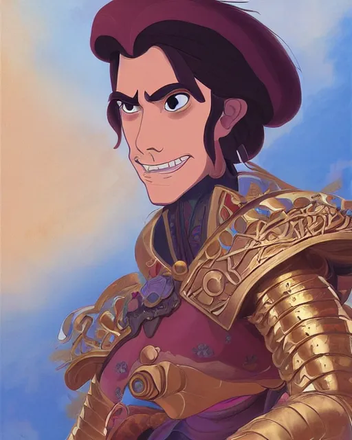 Prompt: portrait of a spanish conquistador wearing ornate armor, by daniel zrom and disney concept artists and studio ghibli, treasure planet movie color scheme, symmetric, handsome, golden ratio, jungle