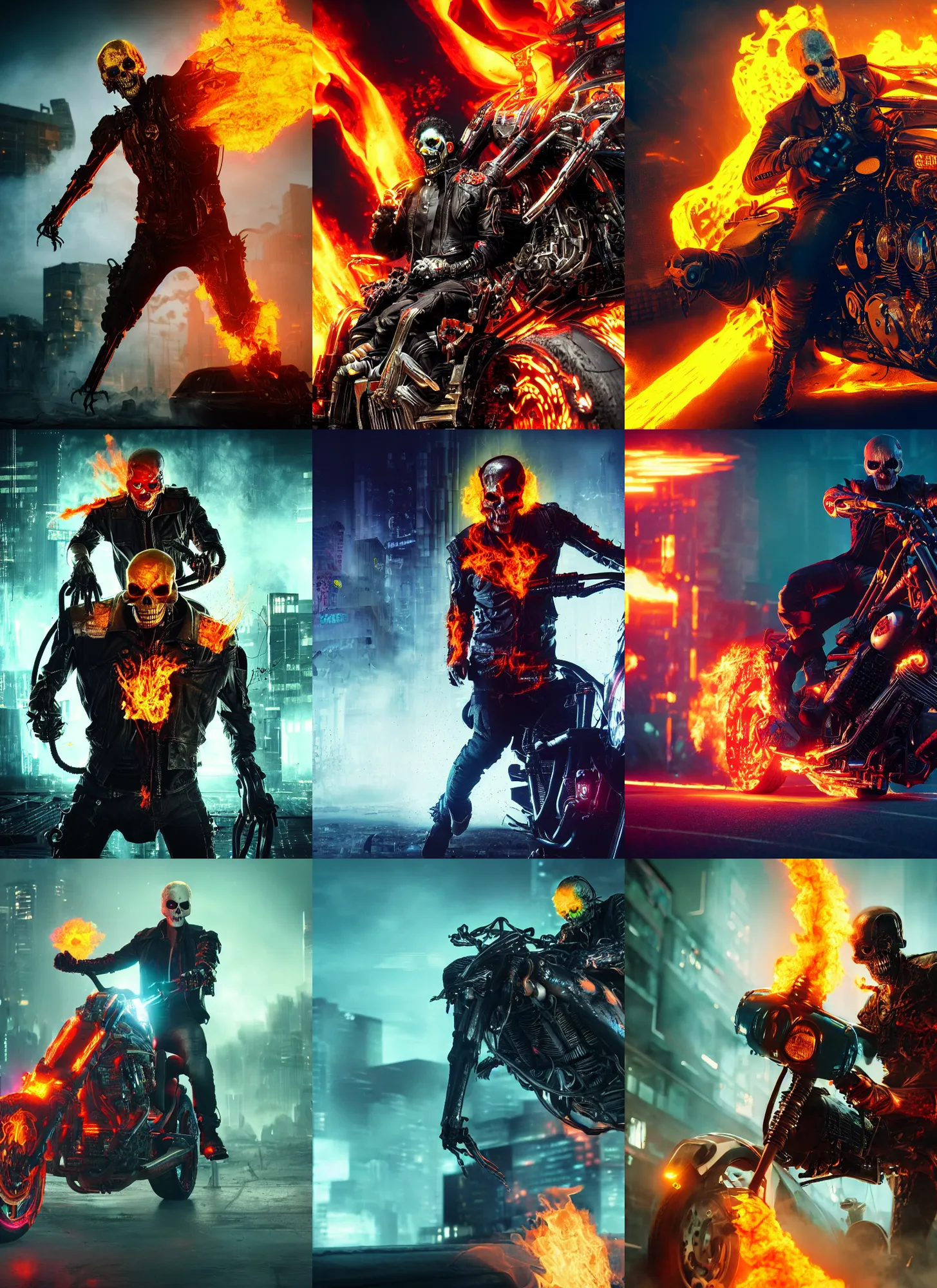 Prompt: epic wicked evil nasty filthy cyberpunk ghost rider, 8K, trending on ArtStation, vivid colors, grungy, photographic emulsion, horror masterpiece, cinematic lighting, still from dramatic action sequence, grattage