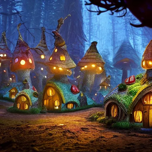 Prompt: A village of mushroom houses with chimneys, glowing windows on the floor of the enchanted forest. night scene, movie still from the Box Trolls, medium shot, might cinematic lighting, sharp, high detail