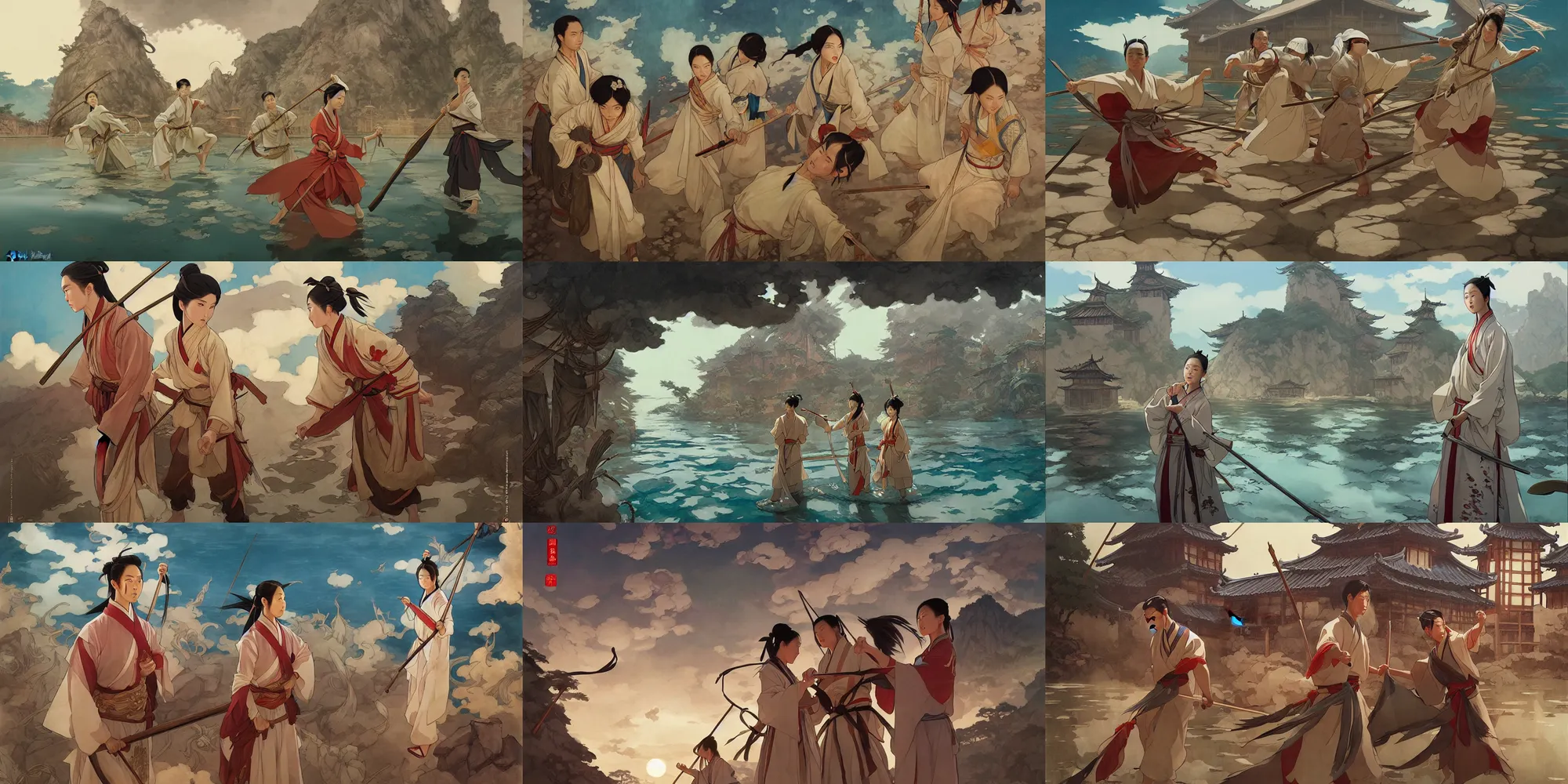 Prompt: wuxia, village under the water, in the style of studio ghibli, j. c. leyendecker, greg rutkowski, artem