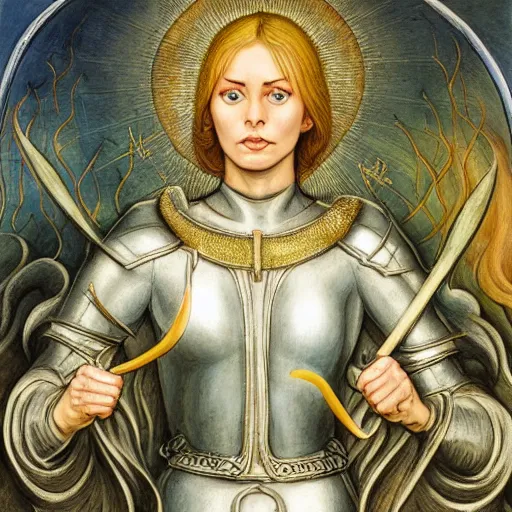 Image similar to jeanne d'arc in the style of william blake, terese nielsen, detailed, intricate, beautiful faces, steve argyle, o fortuna!, detailed, intricate pastoral fantastic reality, 8 k resolution,