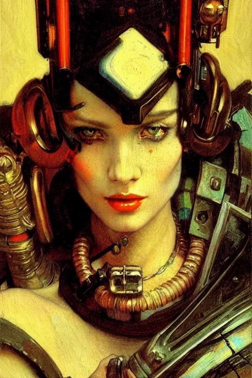 Image similar to full character portrait max mad cyberpunk warhammer 4 0 k, tech priest not the girl with the pearl earring character design, painting by gaston bussiere, katsuya terada, wyeth, ( ( ( ( ( vermeer ) ) ) ) ), frank frazetta, mucha, tom of finland, trending on artstation