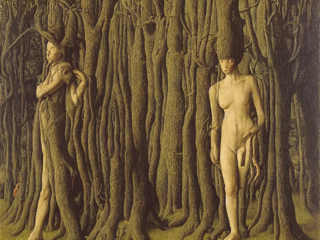 Image similar to Portrait of melancholic non gendered person coming from the future in spiked cloth. Background with the giant totemic forest. Sleepless night. Painting by Jan van Eyck, Rene Magritte, Jean Delville, Max Ernst, Maria Sybilla Merian