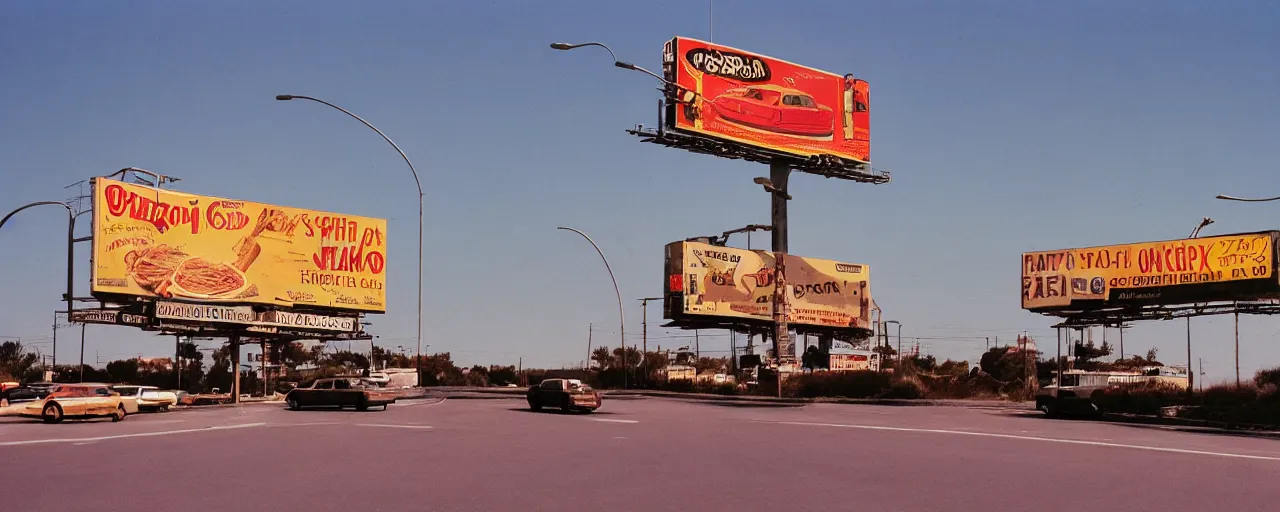 Image similar to spaghetti billboard advertisement, highway, sunset, canon 2 0 mm, kodachrome, in the style of wes anderson