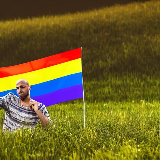 Prompt: a man holding a romanian flag on a grassy field on a sunny day, hyper realistic.