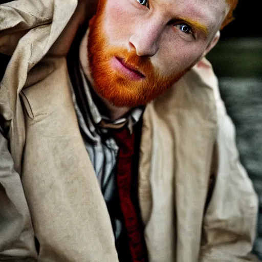 Image similar to color portrait of a very pale, freckly, ginger male model by emmanuel lubezki