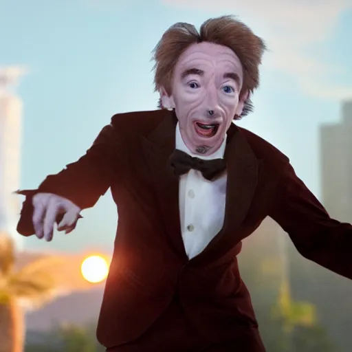 Prompt: martin short under a full moon transforming into a werewolf, his face contorts in pain as his body changes into a beast cinematic dramatic lighting award winning scene