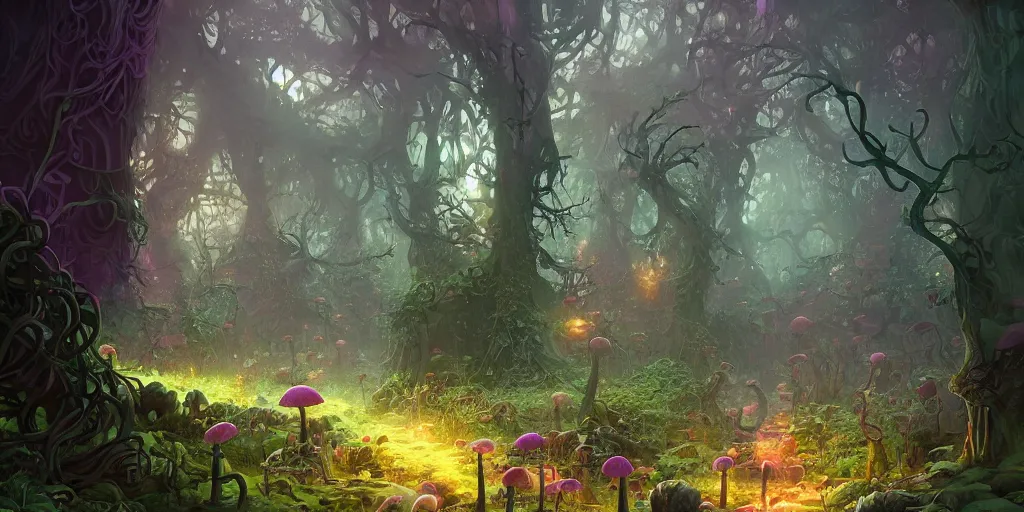 Prompt: dirt path in the middle of an enchanted magical fantasy forest, twisting trees, spiralling bushes, spike - like branches, colorful glowing mushroom scattered, dark atmosphere, by andreas rocha and stephan martiniere