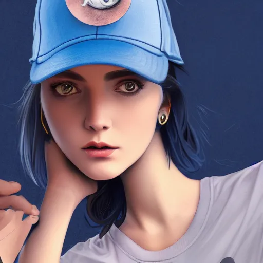 Image similar to a blue baseball cap, artstation, Fashion, Grim fantasy,emotional, EOS R5, f/2.5 , illustration , concept art, award winning photograph, 8k, Alphonse Mucha style, No Background